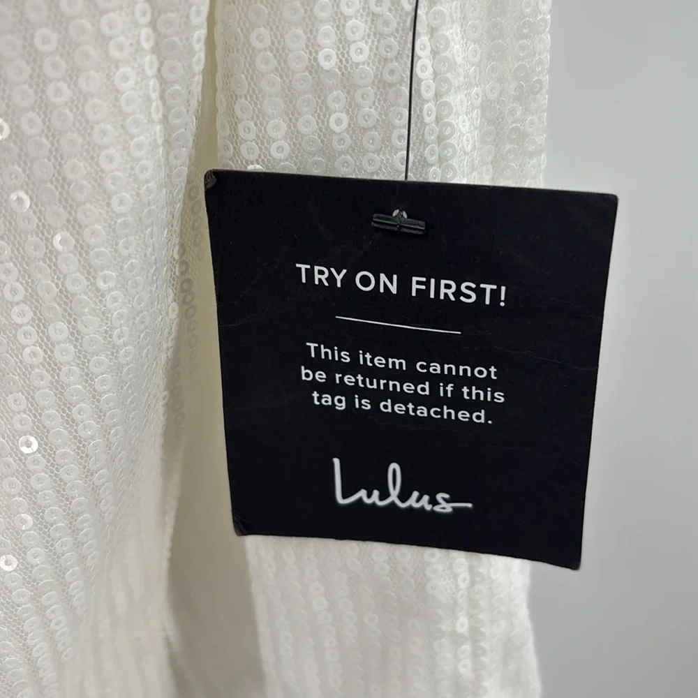 Lulus Glowing Intentions White SEQUIN Bustier Tie-Strap Mini Dress size M NWT - Picture 12 of 16